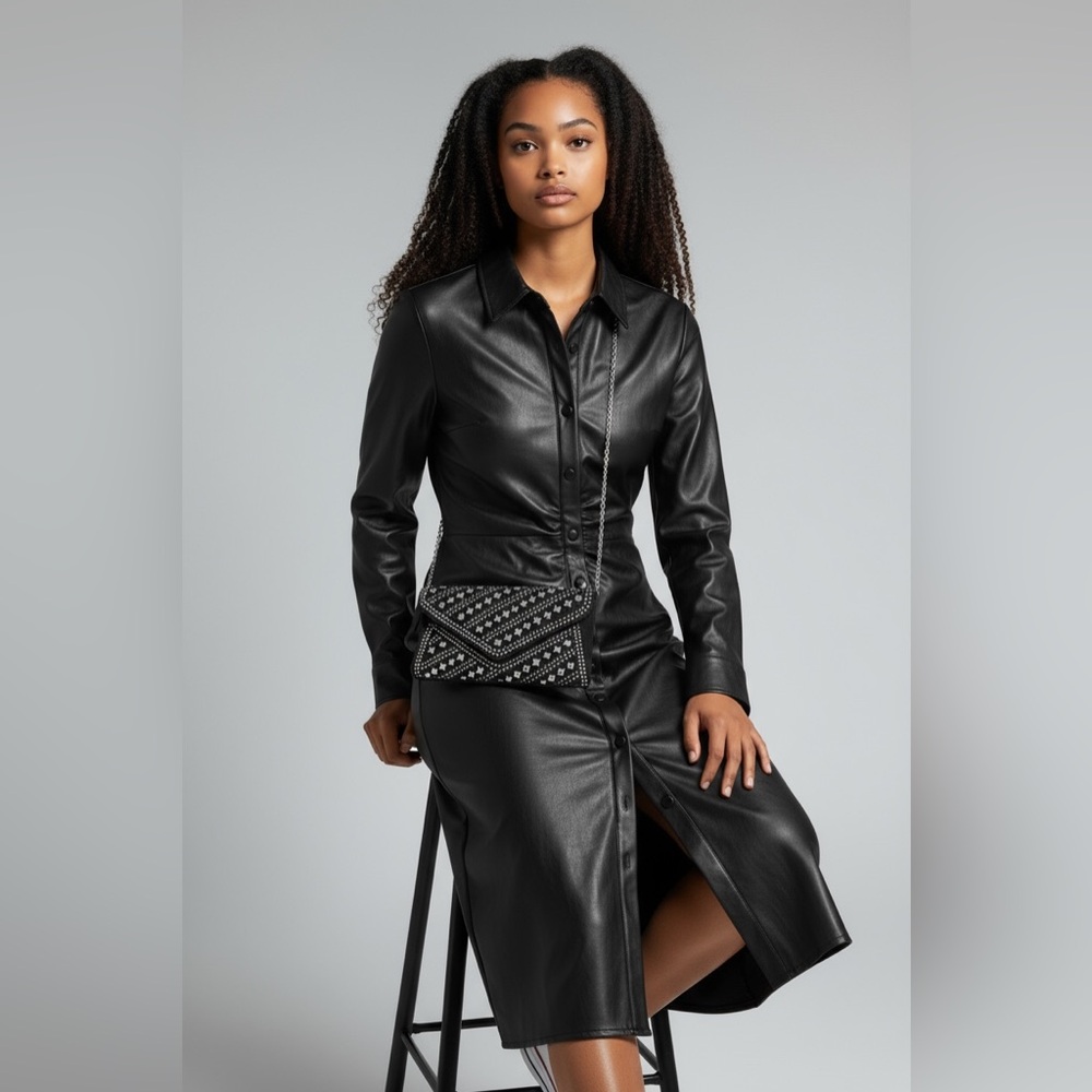 Fashion Nova Black Faux Leather Button-Up Coat w/ Matching Studded Chain Bag